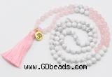 GMN6202 Knotted rose quartz & white howlite 108 beads mala necklace with tassel & charm