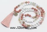 GMN6205 Knotted white howlite, cherry quartz & red jasper 108 beads mala necklace with tassel & charm