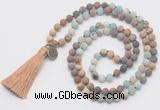 GMN6206 Knotted 8mm, 10mm matte mixed amazonite & jasper 108 beads mala necklace with tassel & charm