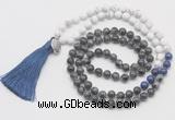 GMN6210 Knotted black labradorite & matte white howlite 108 beads mala necklace with tassel & charm