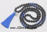 GMN6214 Knotted black lava & lapis lazuli 108 beads mala necklace with tassel & charm