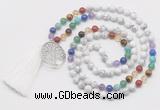 GMN6221 Knotted 7 Chakra white howlite 108 beads mala necklace with tassel & charm