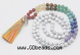 GMN6222 Knotted 7 Chakra white howlite 108 beads mala necklace with tassel & charm