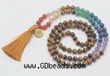 GMN6224 Knotted 7 Chakra 8mm, 10mm yellow tiger eye 108 beads mala necklace with tassel & charm