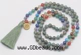 GMN6226 Knotted 7 Chakra African turquoise 108 beads mala necklace with tassel & charm