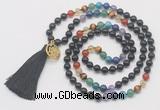 GMN6227 Knotted 7 Chakra black obsidian 108 beads mala necklace with tassel & charm