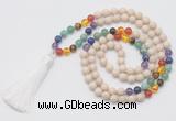 GMN6235 Knotted 7 Chakra 8mm, 10mm white fossil jasper 108 beads mala necklace with tassel