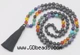 GMN6238 Knotted 7 Chakra 8mm, 10mm black labradorite 108 beads mala necklace with tassel