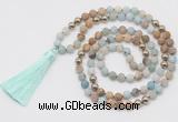 GMN6244 Knotted 8mm, 10mm matte amazonite & picture jasper 108 beads mala necklace with tassel