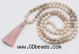 GMN6245 Knotted 8mm, 10mm white fossil jasper & picture jasper 108 beads mala necklace with tassel