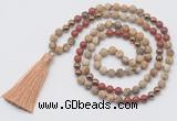 GMN6246 Knotted 8mm, 10mm matte picture jasper & red jasper 108 beads mala necklace with tassel