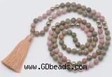 GMN6248 Knotted 8mm, 10mm matte unakite & pink wooden jasper 108 beads mala necklace with tassel