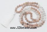 GMN6254 Knotted 8mm, 10mm sunstone, white crystal & white jade 108 beads mala necklace with tassel