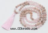 GMN6255 Knotted 8mm, 10mm sunstone, rose quartz & white jade 108 beads mala necklace with tassel