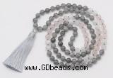 GMN6256 Knotted 8mm, 10mm labradorite, rose quartz & white moonstone 108 beads mala necklace with tassel