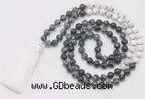 GMN6259 Knotted 8mm, 10mm snowflake obsidian, garnet & matte white howlite 108 beads mala necklace with tassel