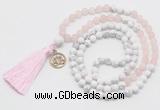 GMN6303 Knotted matte rose quartz & white howlite 108 beads mala necklace with tassel & charm