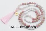 GMN6304 Knotted white howlite, pink jasper & rose quartz 108 beads mala necklace with tassel & charm