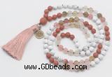 GMN6305 Knotted white howlite, cherry quartz & red jasper 108 beads mala necklace with tassel & charm