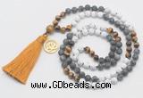 GMN6309 Knotted matte white howlite & black labradorite 108 beads mala necklace with tassel & charm