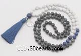 GMN6310 Knotted black labradorite & matte white howlite 108 beads mala necklace with tassel & charm