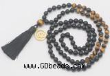 GMN6311 Knotted 8mm, 10mm matte black agate & yellow tiger eye 108 beads mala necklace with tassel & charm