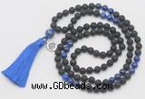 GMN6314 Knotted black lava & lapis lazuli 108 beads mala necklace with tassel & charm