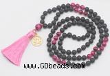 GMN6316 Knotted black lava & red tiger eye 108 beads mala necklace with tassel & charm