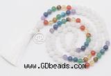 GMN6319 Knotted 7 Chakra white jade 108 beads mala necklace with tassel & charm