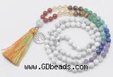 GMN6322 Knotted 7 Chakra white howlite 108 beads mala necklace with tassel & charm