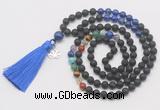 GMN6328 Knotted 7 Chakra black lava & lapis lazuli 108 beads mala necklace with tassel & charm