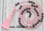 GMN6352 Knotted 8mm, 10mm rose quartz & garnet 108 beads mala necklace with tassel