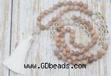 GMN6354 Knotted 8mm, 10mm sunstone, white crystal & white jade 108 beads mala necklace with tassel