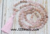 GMN6355 Knotted 8mm, 10mm sunstone, rose quartz & white jade 108 beads mala necklace with tassel