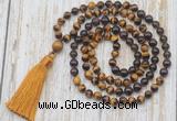 GMN6358 Knotted 8mm, 10mm yellow tiger eye, garnet & smoky quartz 108 beads mala necklace with tassel