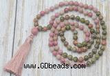 GMN6361 Knotted 8mm, 10mm unakite & pink wooden jasper 108 beads mala necklace with tassel