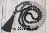 GMN6367 Knotted 8mm, 10mm black labradorite, matte rose quartz  & black agate 108 beads mala necklace with tassel