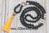 GMN6368 Knotted 8mm, 10mm black lava, matte white howlite & golden tiger eye 108 beads mala necklace with tassel