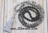 GMN6370 Knotted 8mm, 10mm black lava, black labradorite & cloudy quartz 108 beads mala necklace with tassel