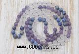 GMN6401 Hand-knotted 8mm, 10mm matte amethyst, white crystal & lapis lazuli 108 beads mala necklaces