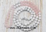 GMN6402 Hand-knotted 8mm, 10mm rose quartz & white howlite 108 beads mala necklaces