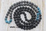 GMN6418 Hand-knotted 8mm, 10mm matte black agate, black labradorite & apatite 108 beads mala necklaces