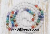 GMN6419 Hand-knotted 7 Chakra 8mm, 10mm white jade 108 beads mala necklaces