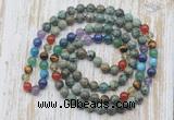 GMN6426 Hand-knotted 7 Chakra 8mm, 10mm African turquoise 108 beads mala necklaces