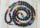 GMN6427 Hand-knotted 7 Chakra 8mm, 10mm black obsidian 108 beads mala necklaces