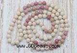 GMN6450 Hand-knotted 8mm, 10mm white fossil jasper & pink wooden jasper 108 beads mala necklaces