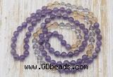 GMN6453 Hand-knotted 8mm, 10mm amethyst, citrine & white crystal 108 beads mala necklaces