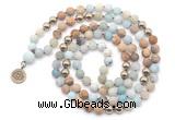 GMN6490 Knotted 8mm, 10mm matte amazonite & picture jasper 108 beads mala necklace with charm