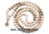 GMN6491 Knotted 8mm, 10mm white fossil jasper & picture jasper 108 beads mala necklace with charm