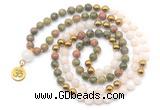 GMN6495 Knotted 8mm, 10mm unakite, white jade & hematite 108 beads mala necklace with charm